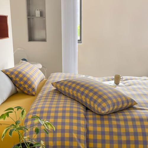 Image of MKXI Purple & Yellow Plaid Duvet Cover Set - 3 Piece Washed Cotton Reversible Bedding Queen Soft Vintage Checkered Design with Zipper Closure & Corner Ties