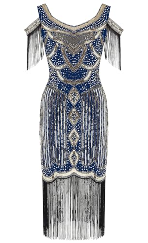 868A - Plus Size 1920s Vintage Fringed Gatsby Sequin Cold Shoulder Tassels Flapper Party Cocktail Dress with Accessories2