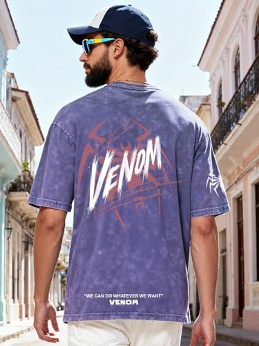Image of Bewakoof X Marvel Venom Men's 100% Cotton Graphic Print Oversized Fit Half Sleeve Round Neck T-Shirt | Casual Wear | Street Wear | Oversized t Shirt for Men Cotton | Baggy