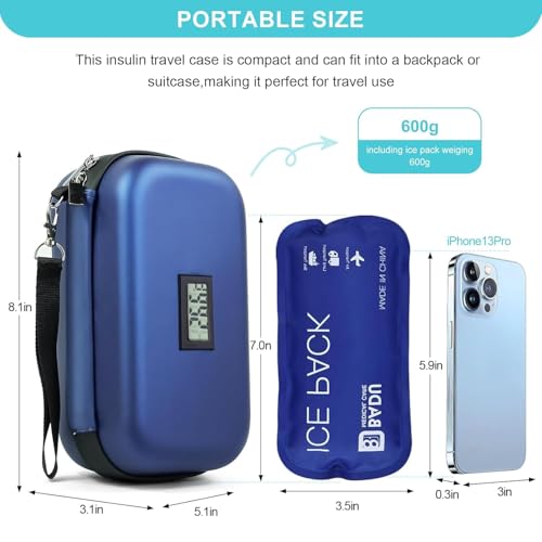 Image of suzamed Diabetic Medicine Organizer with Temperature Display, Large Insulin Storage Case with 2 Reusable Cooling Ice Packs for Travel & Daily Use (Blue with Temperature)