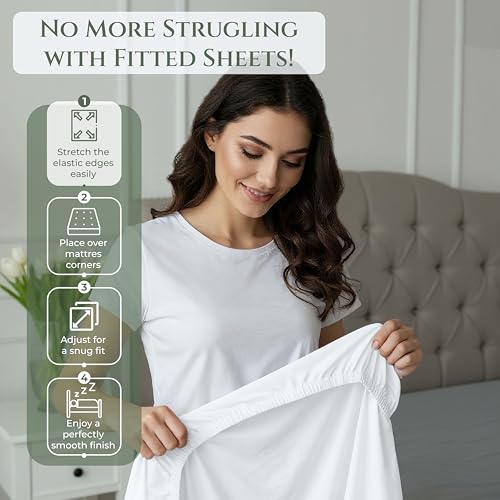 Image of Royale Linens 100% Organic Cotton Full Fitted Sheet Only - Percale Weave - Super Soft Deep Pocket Bottom Sheets - White Elastic Sheet - Full Size Fitted Sheets Only - (54 inchx75 inch+15 inch, White)