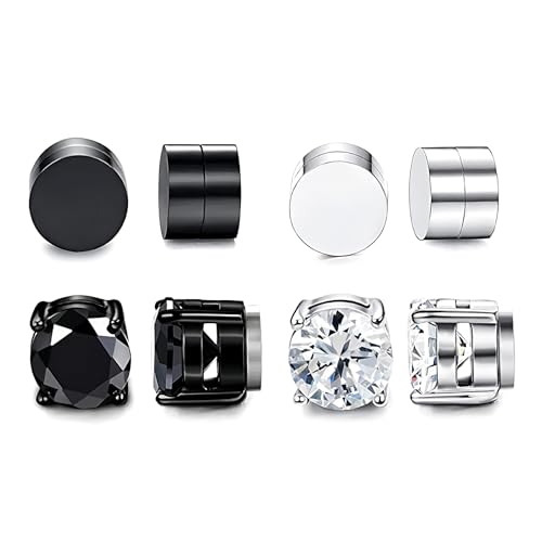 GOZINA 4 Pairs Magnetic Earrings for Men Women Non-Pierced Magnetic Stud Earrings Clip on Earrings Women Men Girls Boys Mens Silver Black Stainless Steel Earring Decorated with Zircons