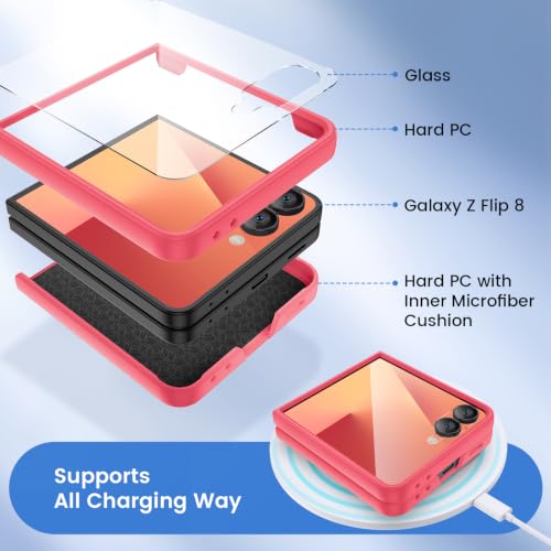 Image of Ruky for Z-Flip-8 Slim Case, with Built-in Screen Protector, Coralred | Support Wireless Charging Hard PC Ultra-Thin Full Body Protective Phone Cover for Samsung Galaxy Z Flip 8, Coralred