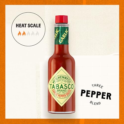 Image of TABASCO Brand Cayenne Garlic Pepper Sauce, Mild Hot Sauce, Glass Bottle, Smoky & Zesty Blend with Savory Garlic, Bold Flavor, Great for Italian Dishes & More, 2 Fl Oz (Pack of 1)