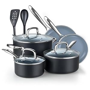 Cook N Home Pots and Pans Nonstick Ceramic Kitchen Cookware Sets Include Saucepan, Frying Pans, Stockpot with Lids, Nylon Utensils, 10-Piece, Heavy Gauge, Black & Gray