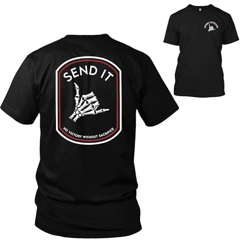 Savage Tacticians Mens Graphic Tee - Send It Black Military Shirt Cotton Blend Skeleton Hand Print Casual & Outdoor Clothing - Extra Large