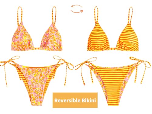 Image of ZAFUL Women's Triangle Bikini Floral String Bikini Set Two Piece Swimsuit Bathing Suits