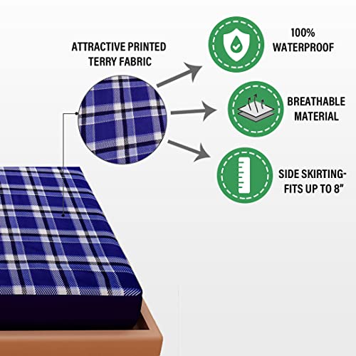 Image of Dream Care Waterproof Fitted Terry Cloth Printed Mattress Protector for Queen Size Bed with Elastic Strap - 78 inchX60 inch, Navy Blue