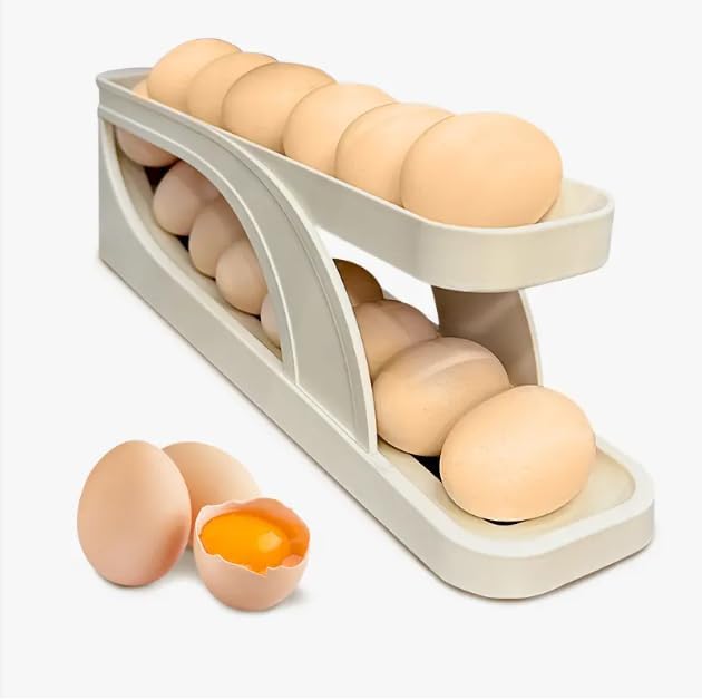 Egg Dispenser for Refrigerator or Kitchen Countertop, Automatic Roll Down Egg Storage for Fridge, Space Saving Gravity Fed Egg Holder and Organizer Tray (Beige/Off White)