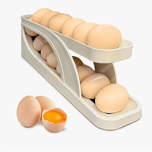 Egg Dispenser for Refrigerator or Kitchen Countertop, Automatic Roll Down Egg Storage for Fridge, Space Saving Gravity Fed Egg Holder and Organizer Tray (Beige/Off White)