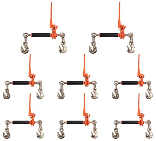 Image of Mytee Products 8 Pack 3 /8 inch - 1 /2 inch Hi-Viz Orange Quick Folding Handle Ratchet Load Binder with Grab Hook 12,000 lbs WLL | Tie Down Hauling Chain Binders for Flatbed Truck Trailer