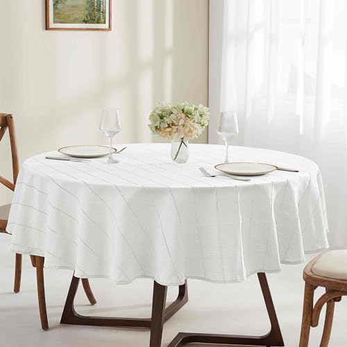 Izod - Round Tablecloth, Decorative Tabletop Accessories, Holiday Home Decor (Chadwick Lurex White/Silver, 70")