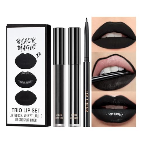 3 Stück Schwarzer Lippenstift Set Matt Lipgloss Lipliner Schwarz Langanhaltender Hochpigmentiert Wasserfester Lippenstifte 24 Stunden Halt