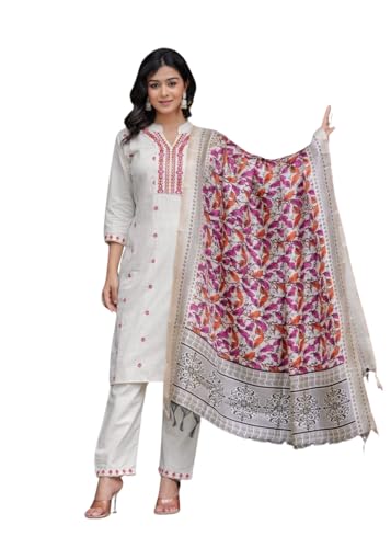 Image of Women's Cotton Embroidered Straight Kurti With Pant and Dupatta Set