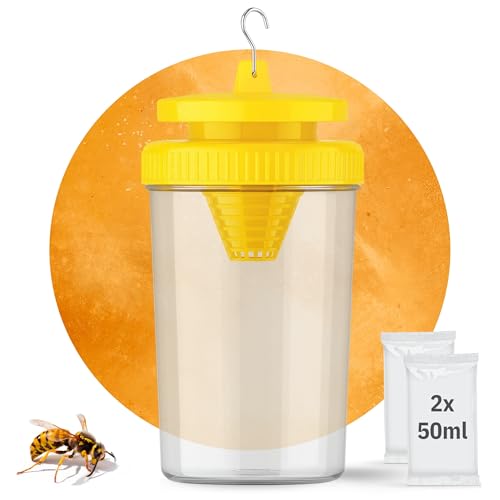 Wespenfalle mit 2x50ml Lockstoff – ohne Insektizide, für innen & außen – Wirksam bis 6 Wochen – gegen Wespen, Hornissen, Fliegen & Fruchtfliegen – PT19 Lockmittel – Made in EU