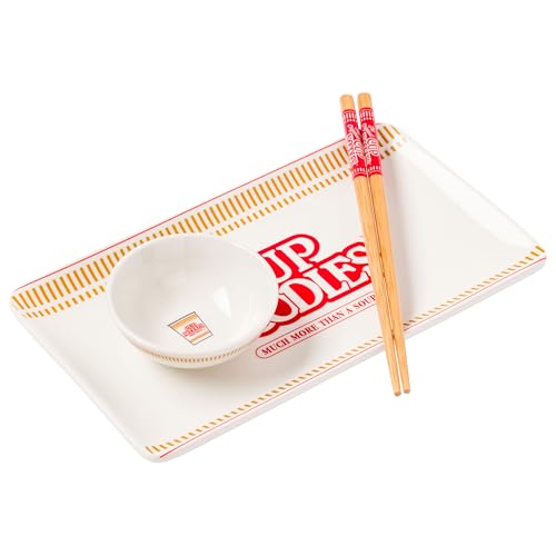 Image of Silver Buffalo Nissin Cup of Noodles Logo Ceramic Sushi Set with Dipping Sauce Dish and Matching Chopsticks