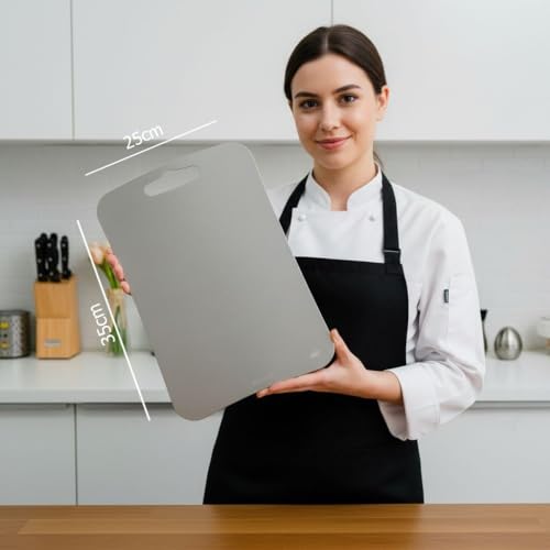 Image of Pack of 2-304 Stainless Steel Rectangular Chopping Board 36 x 25 cm + 31 x 21 cm Chopping Board wih Rubber Skid & 2 Straw | Reversible | for Cutting Vegetable, Meat, Fruits | Combo Pack