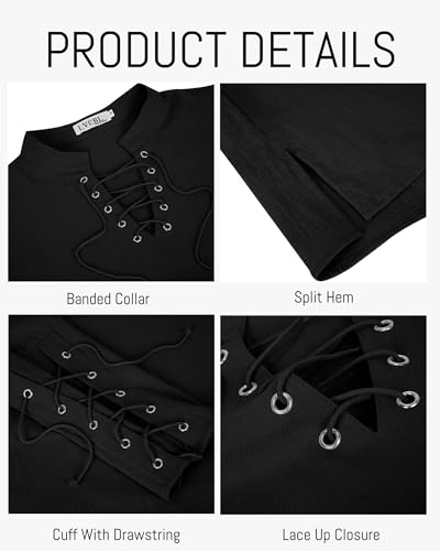 Camisas de manga larga estilo vikingo medieval LVCBL con cordones de lino casual 6