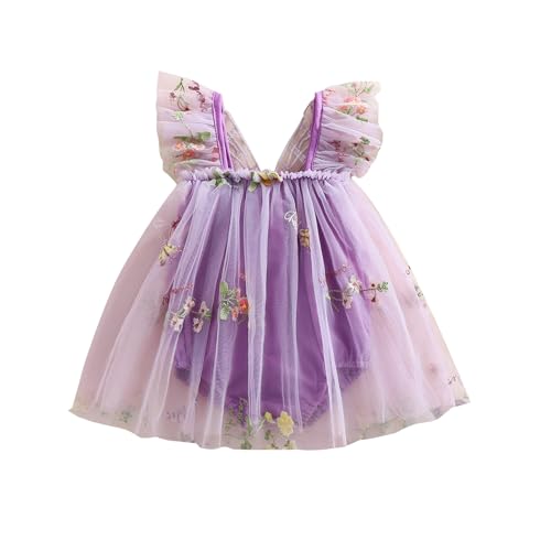 Newborn Baby Girl Butterfly Wings Fairy Dress Ruffle Short Sleeve Lace Mesh Tutu Romper Dress Summer Outfit (Purple, 0-3 Months)