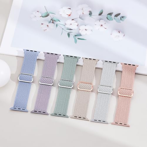 Image of 6 Pack Braided Stretchy Bands Compatible with Apple Watch Band 38mm 40mm 41mm 42mm 44mm 45mm 46mm 49mm Women Men, Adjustable Nylon Solo Loop Elastic Straps for iWatch Series 11 10 9 8 7 6 5 4 SE Ultra