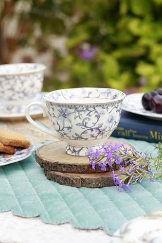 Image of Floral Royal Blue Cup and Saucer Set (Vintage Collection) for Tea /Coffee /Hot Drinks | Set of 6 Cup & 6 Saucers, 210 ML | Finest Premium Porcelain | Lead Free | Scratch Resistant | Chip Resistant