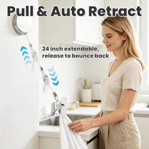 Image of Stainless Steel Retractable Dish Towel Holder Clips | No Drill Self Adhesive Wall Mounted Hand Towel Hook & Rag Plug | Punch Free Wire Clip Hangers for Kitchen & Bathroom (Multicolor)