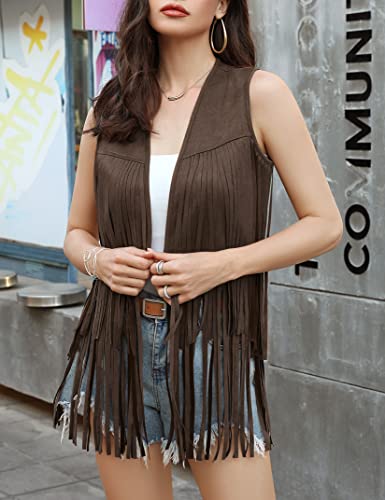 KOJOOIN Women's Fringe Vest 70s Hippie Faux Suede Rivets Sleeveless Fringe Jacket Dark brown S2