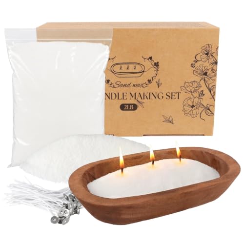 Wfmolcand 2 lb Natural Pearl Wax Sand DIY Set with Wooden Bowl & 20 Wicks Unscented Aroma Beads Reusable Pearled Candle Wax for DIY Home Kit Powder Beads Refill Available