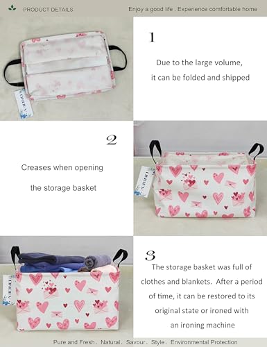 Image of Rectangular Folding Laundry Basket,waterproof Canvas Basket,Gift Basket,Suitable for Children's Room,Office,Clothes,Toys Storage(Pink Love)