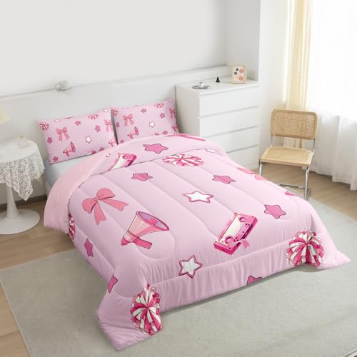 Image of Feelyou Cheer Comforter Set Full Size Cheerleader Bedding Set for Kids Boys Girls Pink Bow Duvet Quilt Bowknot Bedroom Decor Microfiber 3 Pcs with 2 Pillow Cases