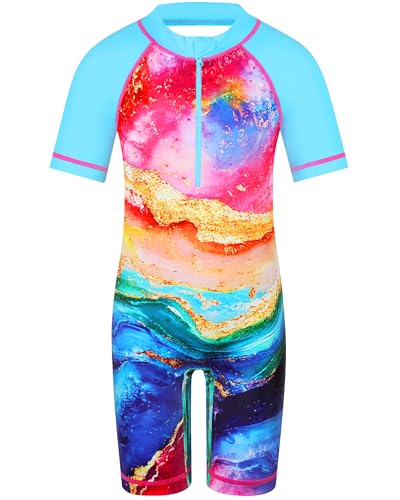 Image of TFJH E Short Sleeve Girls Swimsuits UV 50+ One Pieces Zipper 2-14Y | From beach vacations and pool parties to cruises and water parks, this colorful floral swimsuit is her summer favorite