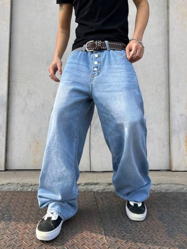 Image of HUNGSON Mens Baggy Jeans for Men Women Y2k Skater Vintage Plain Pants Casual Wide Leg Jeans Loose Fit Denim Jeans