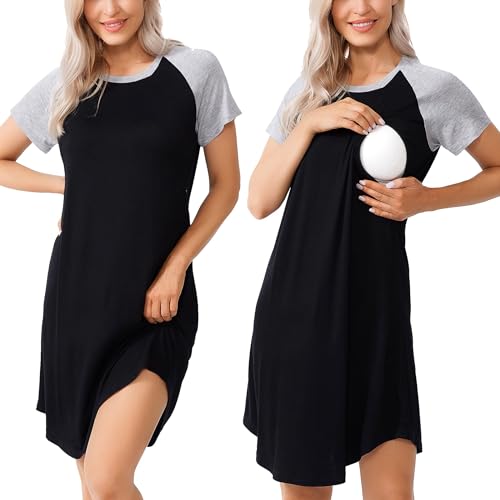 Image of AGKRUNN Women Sleepshirts 3 in 1 Labor/Maternity/Nursing Nightgown Short Sleeve Breastfeeding Sleep Dress XS-3XL