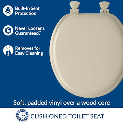 Image of Mayfair Padded Toilet Seat, Cushioned Soft Vinyl over Wood Core Seat, Secure Hinges, Easy Clean, Made in USA, Round, Bone
