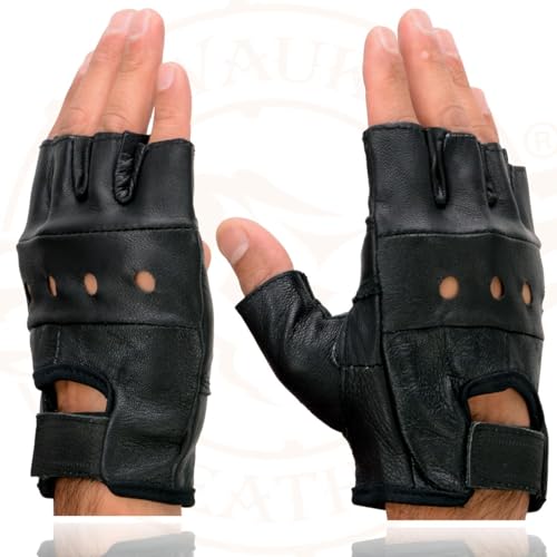 Image of Milwaukee Leather SH198 Men's Black Flame Embroidered Fingerless Gloves with Gel Palm | Padded Comfort; Vibration Relief; Flame Embroidery