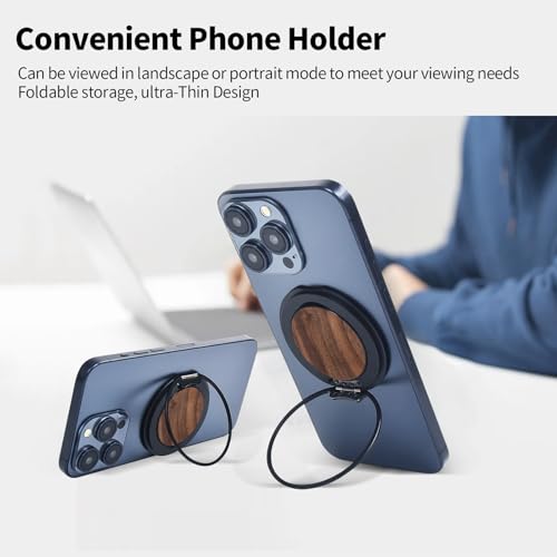 Magnetic Phone Ring Grip,Ultra Thin Phone Kickstand with Finger Loop Strap, Lightweight Phone Ring Holder for Mag Safe iPhone 16/15/14/13/12 Series (Walnut Wood)