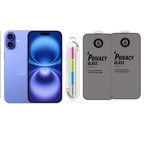 Image of Edge To Edge Privacy Tempered Glass Screen Protector Compatible With iPhone 16, 9H Hardness, Anti-Fingerprint, FHD Clear With Cable Protector Pack 2