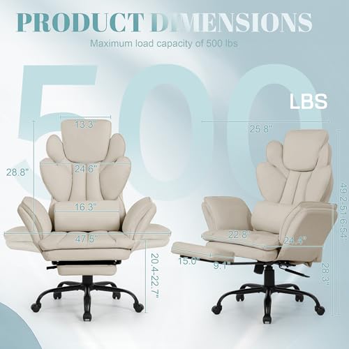 Image of Flip Armrests Criss Cross Office Chair, Reclining Office Chair with Foot Rest, Adjustable Headrest, Massage Waist Pillow, Cross Legged Big and Tall Desk Chair Wide Seat Vanity Chair, PU Leather Beige