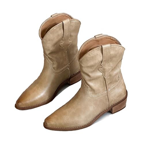 Women's Leather Western Cowboy Cowgirl Casual Ankle Boots Classic Pointed Toe Low Block Heel Dress Pull-on Mid-Calf Boots