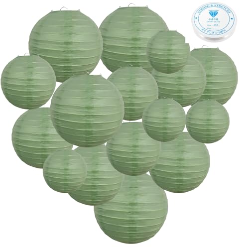 Lot de 16 lampions en papier vert sauge, ronds, décoratifs, avec fil de pêche, 50 m, lanternes en papier à suspendre pour fêtes d'anniversaire,...