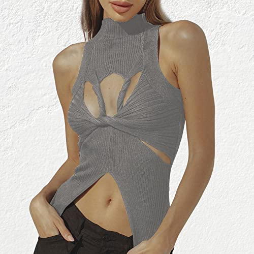 Image of Women Strapless Crop Top Sexy Hollow Out Twist Front Knitted Tank Tops Sleeveless Y2K High Neck Cut Out Sweater Vest