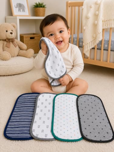 Image of TuddyBuddy Baby Burp Cloth Towel Napkins for Baby Large 17x12 Inches, Premium Double Layer 100% Cotton (4 Pcs Burp Towels, Whites Grey & Blue Stripes)
