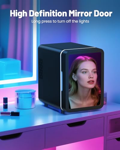 Image of CUTIEWORLD Skincare Fridge - 4L Mini Fridge with Thousand-layer Mirror of 12 Color Adjustable LED Lights, Cooler and Warmer, Beverage Cooler for Bedroom, Gaming Room, Office and Car, Black