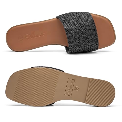 Image of Athlefit Flat Sandals Women Dressy Square Toe Raffia Summer Slide Sandals
