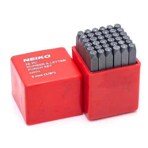Image of NEIKO 02631A Number and Letter Punch Set with Heat-Treated Steel Punches, Imprinting & Arts and Crafts, 1 /8 inch (3 MM) Shaft, 36 Pc Stamp Set, Uppercase Letter & Number Punch Set (A-Z / 0-8 / inch& inch)