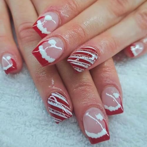 24Pcs Christmas Press on Nails Square Short Fake Nails Christmas ...