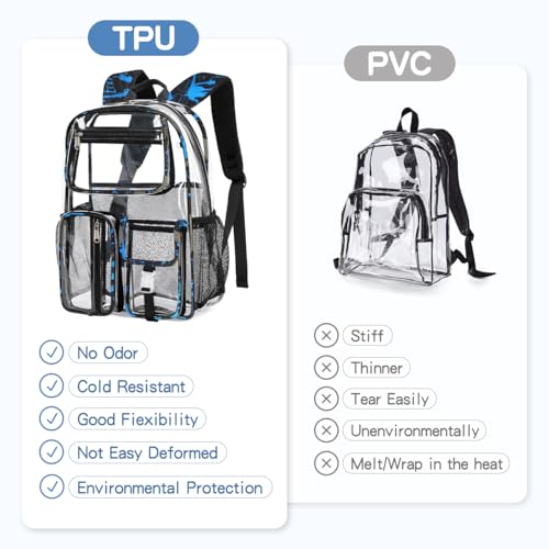 Image of Large Clear Backpack Heavy Duty For Stadiums Events,16in TPU Blue BookBag | Large capacity See Through strong Plastic backpack Stitch Durable Design 6-Pocket For School carry Airport Quick Security