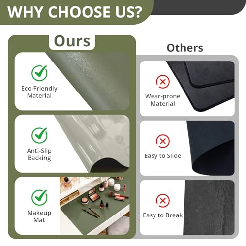 Image of LovePads Makeup Mat for Vanity, 14 x 24 Dual-Sided Desk Pad & Vanity Cover Top, Waterproof PVC Protector Mat for Dresser, Nail Art, Craft Table (Green+Grey)