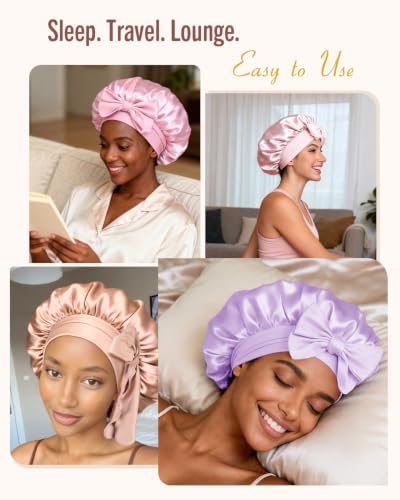 Image of BONNET QUEEN Double Layer Silk Bonnet for Sleeping for Women Satin Lined Bonnet Night Cap for Curly Hair with Tie Band,Light Purple