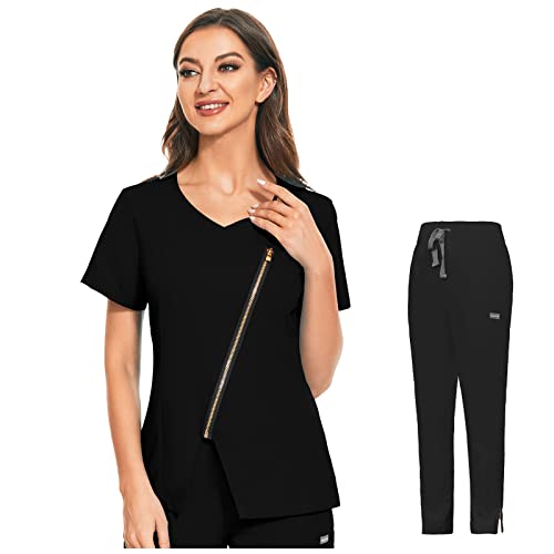 VIAOLI Women's Solid Stretch Medical Uniform Scrub Set V Neck Top Cargo Tapered Jogger Multi-Pocket Pants Clearance Suit (Black, XS)